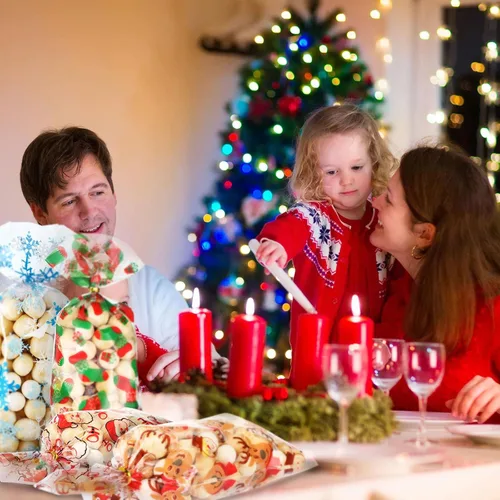 Vista 7 de Blulu 180 bolsas de fiesta de Navidad, bolsas de plástico de celofán de Papá Noel con 200 lazos dorados y plateados para vacaciones, fiestas