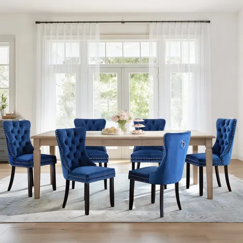 Vista 53 de Juego de 2 sillas de comedor de terciopelo con patas de madera, color beige Mid Century Modern Dining Chairs,Upholstered Chairs with Nailhead