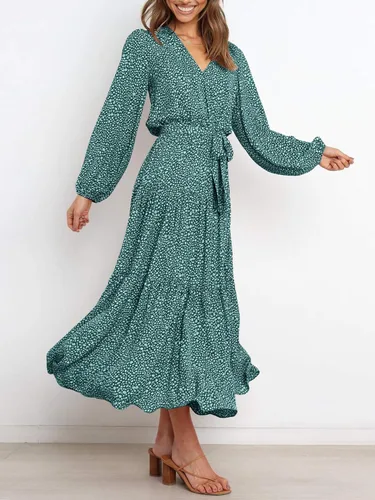 Vista 3 de PRETTYGARDEN - Vestido largo para mujer, de manga larga, cuello en V, estampado de leopardo, volantes, lazo en la cintura, estilo bohemio, de gasa