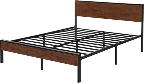 Vista 8 de SHA CERLIN Base de cama matrimonial con cabecero, almacenamiento debajo de la cama, construcción de metal sólido, no necesita somier, color marrón