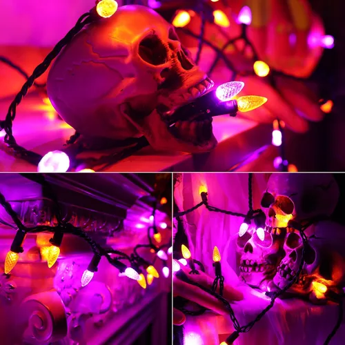 Vista 5 de ODEETRONIC Luces Naranjas Moradas, 16.3 pies 50 luces LED C3 de cadena de Halloween, 120V con certificación UL, luces de cadena naranjas
