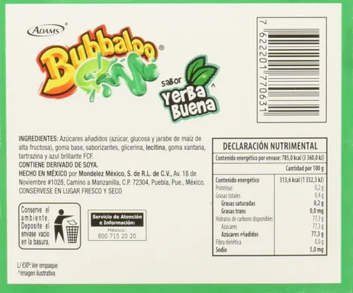 Vista 2 de Bubbaloo Yerbabuena. Pepermint Bubbaloo - Goma de mascar mexicana - 1 paquete de 50 uds.