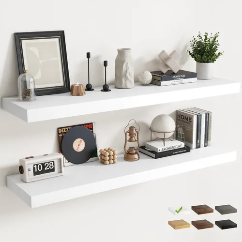Vista 11 de Juego de 2 estantes flotantes de 16 pulgadas para pared, estantes de baño de grano de madera de 12 pulgadas de profundidad con soportes invisibles