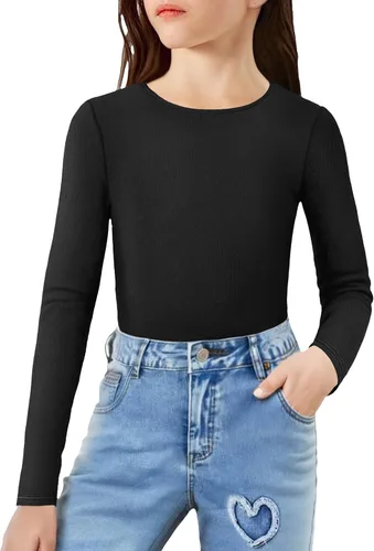 Vista 13 de Arshiner Camisas de punto acanalado de manga larga para niñas, suaves, ajustadas, cuello redondo, casual, capa base Blanco
