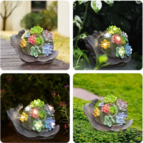 Vista 5 de pearlstar Estatuas de jardín, estatua solar de caracoles, decoración de jardín, bonitas figuras de caracoles de resina con 7 luces solares LED