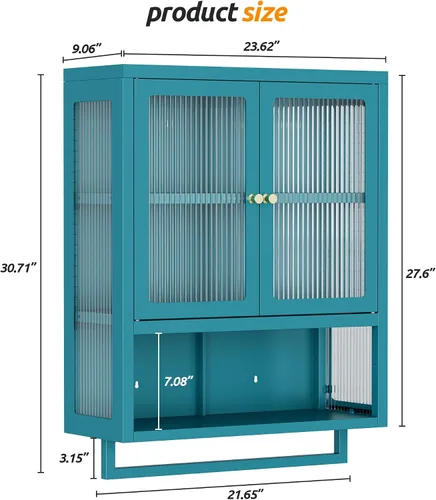 Vista 3 de Armario de pared de baño con 2 puertas de vidrio, botiquín de baño con barra de toallas y estantes, gabinete de almacenamiento sobre el inodoro