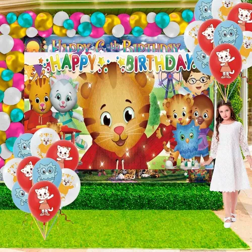 Vista 5 de Daniel Tiger suministros para fiesta de cumpleaños de tigre platos de decoración de cumpleaños globos pancarta cubiertos de plástico cuchillos