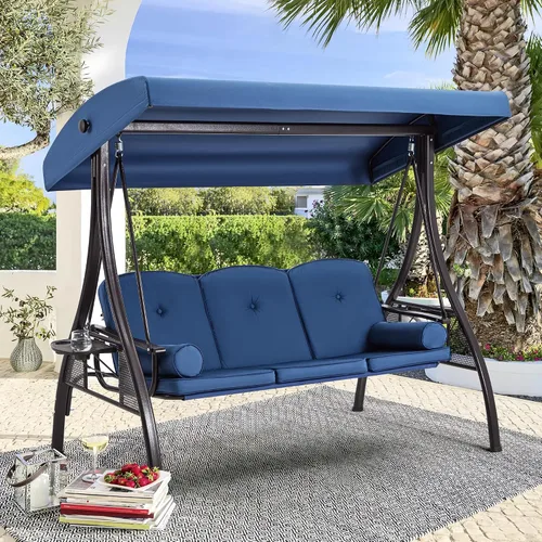 Vista 9 de HOMREST Columpio para porche al aire libre para 3 personas con portavasos mejorado de 1.5 pulgadas, toldo ajustable, respaldo, cama columpio