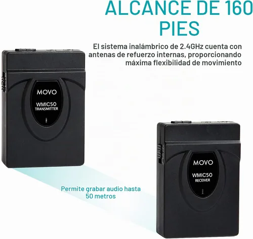 Vista 4 de Movo WMIC50 Sistema de micrófono inalámbrico Lavalier de 2.4 GHz con antena integrada de 164 pies