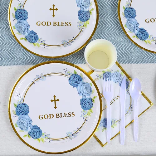 Vista 3 de Platos de fiesta religiosa para 24 invitados - bautismo, primera comunión, confirmación (azul)