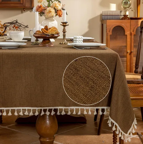 Vista 14 de AmHoo Mantel de mezcla de lino, mantel rectangular de 7.12 oz/m² con costuras y borlas para cocina, comedor, boda, bufé, 55 x 55 pulgadas