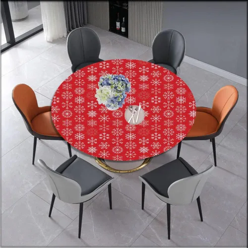 Vista 2 de Manteles para mesas redondas, mantel de Navidad impermeable y borrable con borde elástico, con copo de nieve rojo, rosa y verde, se adapta a mesa