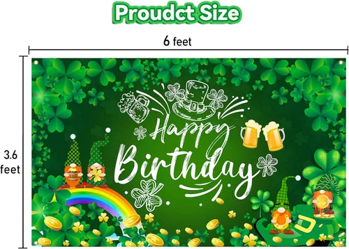 Vista 4 de Decoraciones de cumpleaños del día de San Patricio, pancarta de fondo de feliz cumpleaños del día de San Patricio, trébol de la suerte, trébol