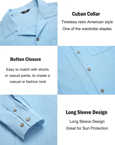 Vista 5 de COOFANDY Camisas de algodón y lino para hombre, de manga larga, casuales, con botones, para la playa