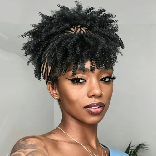 Vista 14 de Aisaide Peluca de Diadema Afro Rizada Crespa, Pelucas Afro Negras Cortas para Mujeres Negras, Peluca Sintética Rizada Crespa con Diadema y Flequillo