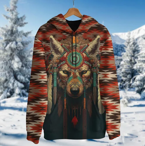 Vista 3 de Sudadera con capucha unisex con estampado 3D de lobo, atrapasueños y vida silvestre, sudadera con capucha con bolsillos grandes, serie 175
