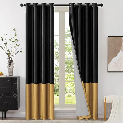 Vista 23 de BULBUL Cortinas de terciopelo 100% opacas negro oro, cortinas modernas con forro de 63 pulgadas de largo, cortinas térmicas con ojales para sala