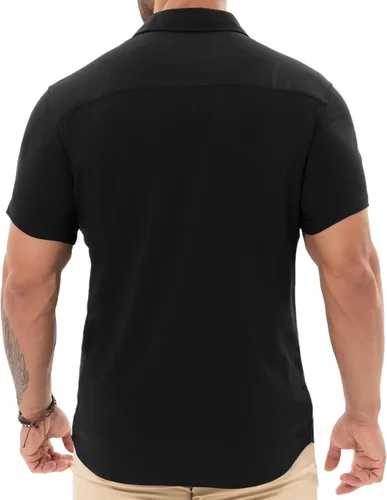 Vista 6 de Askdeer Camisas de vestir musculosas para hombre, ajustadas, manga corta, elásticas, casuales, con botones