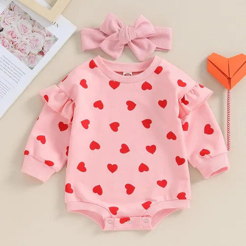 Vista 106 de SOLILOQUY Traje de manga larga con cuello redondo para el primer día de San Valentín para bebé niño y niña, mameluco de corazón de amor
