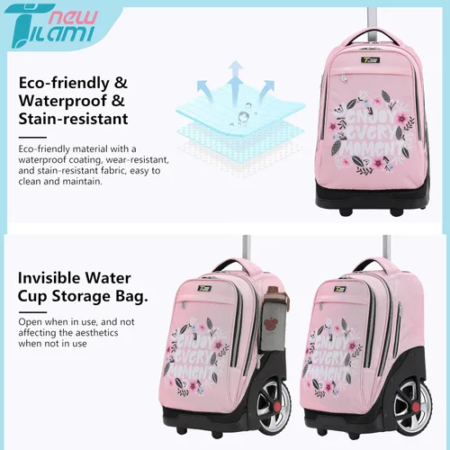 Vista 7 de NEW TILAMI Mochila con ruedas de 19 pulgadas con bolsa de almuerzo para niñas y niños, mochila para laptop con ruedas, bolsa de mano duradera