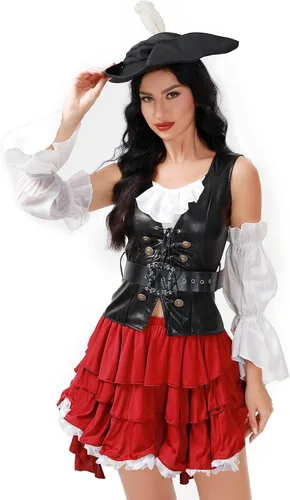 Vista 2 de Funna Disfraz de pirata para mujer, sexy, 5 piezas con sombrero, falda pirata, accesorios