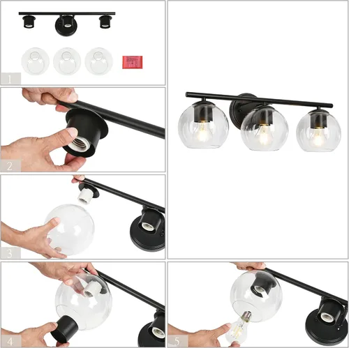 Vista 8 de classy leaves Lámparas de baño, 3 luces negras claras, modernas luces de tocador de baño de granja con pantalla de vidrio