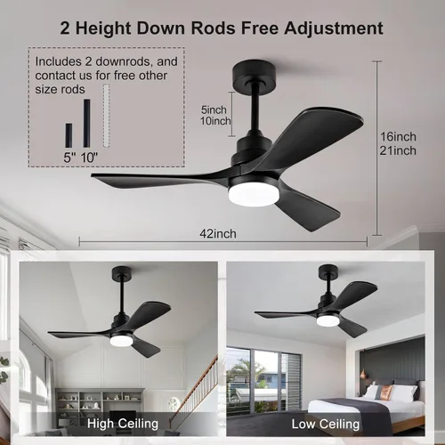Vista 7 de Ventilador de techo de 42 pulgadas con luz, 3 aspas de madera maciza, control remoto, motor de CC silencioso reversible de 6 velocidades, ventilador