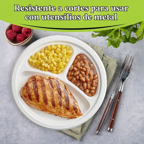 Vista 3 de three leaf platos redondos de bagazo de 10 pulgadas con 3 compartimentos, 25 unidades. Platos de bagazo desechables, 100 % biodegradables