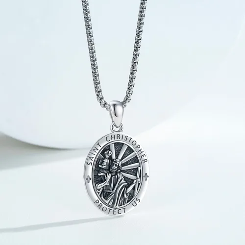 Vista 4 de Collar con colgante de plata de ley 925 con medalla de San Patrón, joyería religiosa para hombres y mujeres, con cadena de acero inoxidable 316L