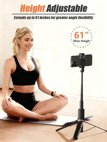 Vista 3 de Trípode de 61 pulgadas de alto para iPhone, trípode para selfie stick todo en uno con control remoto inalámbrico, soporte ligero para grabación