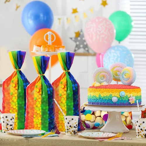 Vista 5 de Lecpeting 100 bolsas de golosinas de arcoíris con estampado de rayas de arcoíris, bolsas de celofán con lazos giratorios para baby shower