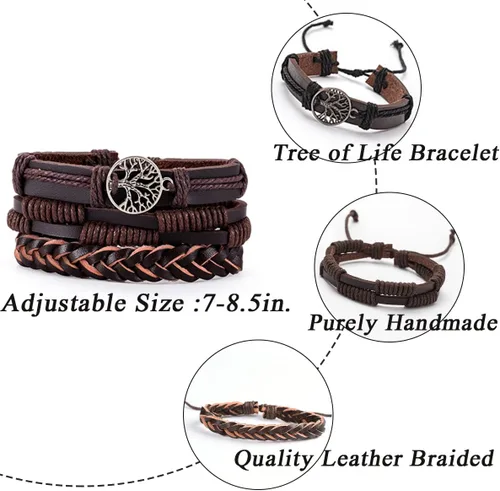 Vista 3 de MOZAKA 27 pulseras de cuero trenzado para hombres y mujeres, pulseras étnicas tribales, pulseras de cuero, pulseras tejidas para la amistad