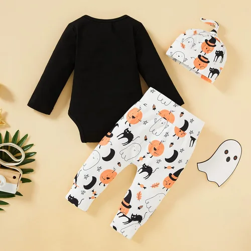Vista 7 de Trajes de Halloween para bebés niños y niñas, divertido mameluco con letras y pantalones de calabaza fantasma, ropa de Halloween