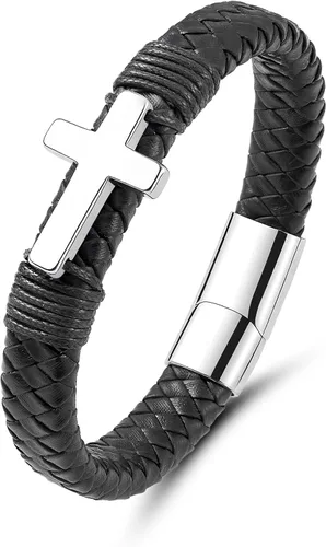 Vista 11 de Pulsera de cuero para hombre con cruz trenzada de varias capas con cierre de acero inoxidable, regalos religiosos cristianos para él