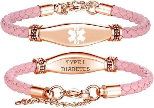 Vista 18 de LinnaLove Rose gold Medical Alert Bracelet for Women, Elegant Braided Pink Leather ID Jewelry, Adjustable Extension Fits 6.5"-8" Wrists