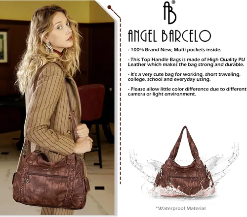 Vista 266 de Angel Barcelo - Bolsa de hombro amplia para mujer, diseño Hobo, cuero lavado