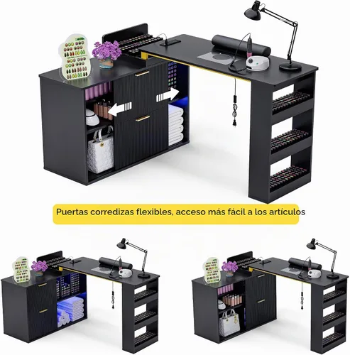 Vista 6 de Mesa de manicura con luz LED, mesa de uñas en forma de L con colector de polvo y tomas de corriente, estación de uñas de esquina de longitud