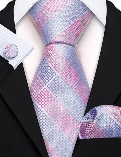 Vista 129 de Barry.Wang Juego de corbatas a cuadros para hombre con pañuelo gemelos de rayas clásicas