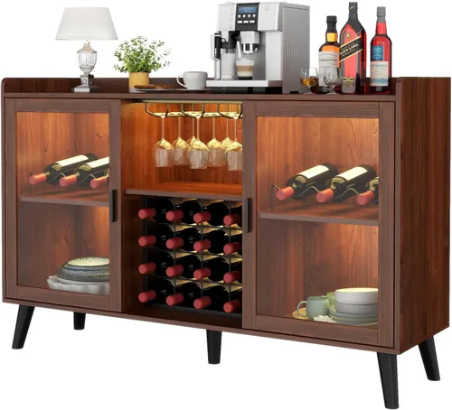 Vista 11 de Auromie Armario de bar de vinos con luz LED, gabinete de café para el hogar con estante para vino y vidrio, aparador de cocina con estantes de Negro