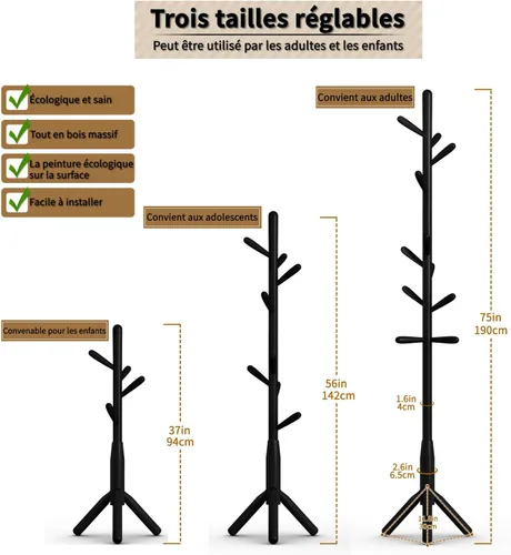 Vista 6 de Perchero de madera maciza, perchero independiente en forma de árbol con 11 ganchos, poste principal de 1.6 pulgadas de diámetro para ropa, soporte