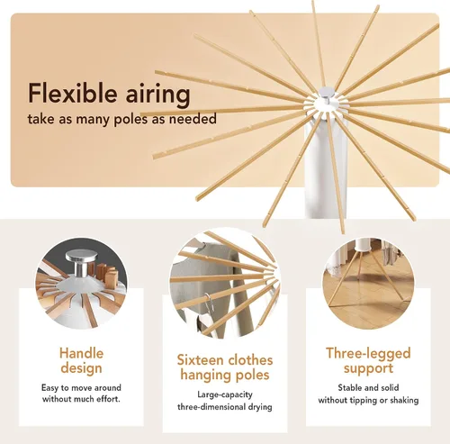 Vista 5 de Trípode plegable para secado de ropa, madera de haya y soporte de lavandería portátil, colgador plegable que ahorra espacio con 16 brazos