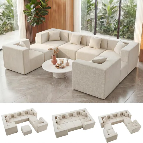 Vista 21 de MONVANE Sofá seccional deshuesado en forma de L de gran tamaño, chenilla Chenille-beige