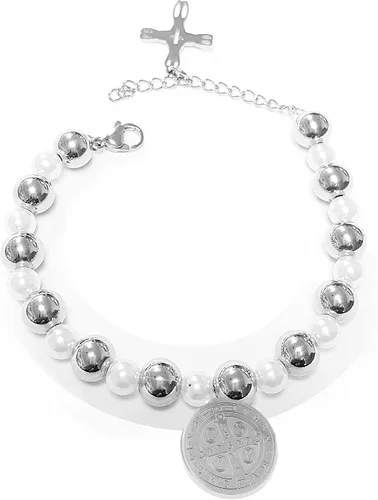 Vista 2 de Católico - Pulsera de Perlas y Perlas de San Benito de Acero Inoxidable - San Benedicto - San Benito