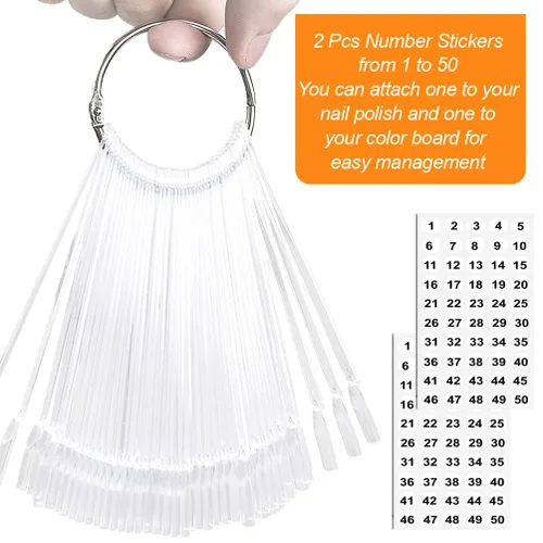 Vista 2 de 50 barras de muestra de uñas con anillo y puntas numeradas, pantalla transparente en forma de abanico para práctica de esmalte de uñas