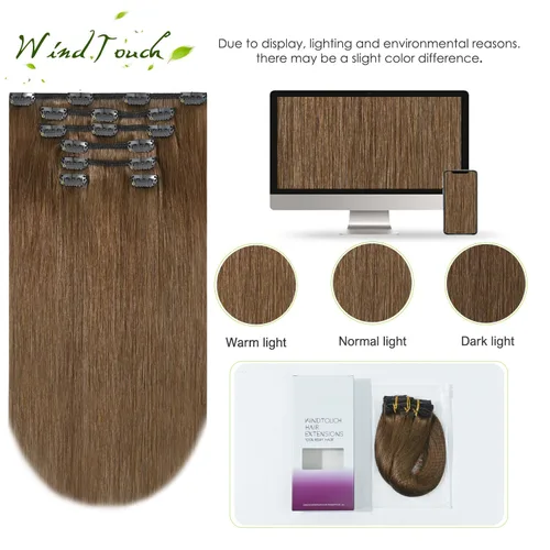 Vista 103 de WindTouch - Extensiones de cabello humano real con clip, color marrón claro a rubio con reflejos #6P613, 22 pulgadas, 4.33 onzas, 7 piezas #6p613