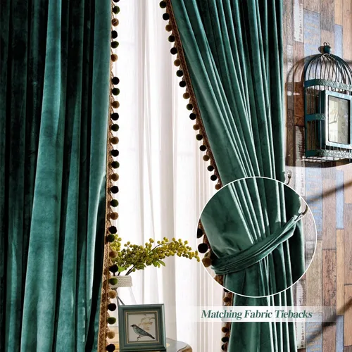 Vista 3 de Melodieux Pom Poms - Cortinas de terciopelo opacas con dobladillo para cortinero para dormitorio y sala de estar, cortinas con aislamiento térmico