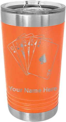 Vista 8 de LaserGram Vaso de pinta aislado al vacío de 16 onzas, tarjetas de póquer Royal Flush con grabado personalizado incluido (negro)