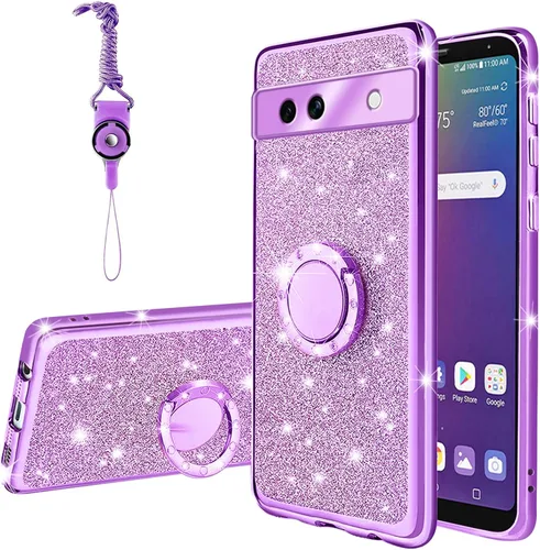 Vista 64 de Funda compatible con Google Pixel 6 Pro para mujer, con purpurina, suave, elegante, transparente, TPU de lujo, bonita funda protectora con correa