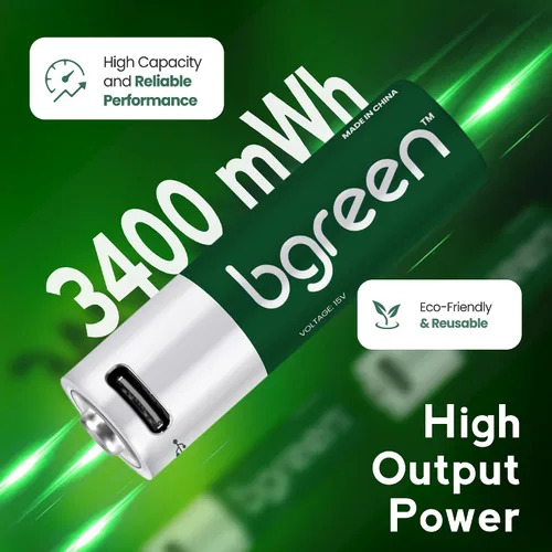 Vista 2 de bgreen Baterías AA recargables USB-C, paquete de 4, 3400 mWh, alto rendimiento, cable de carga 4 en 1 incluido, carga rápida de 1 hora