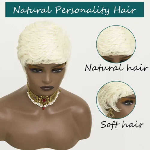 Vista 4 de Pelucas rubias 613 de corte Pixie para mujeres negras, cabello sintético rubio rizado en capas con flequillo, pelucas de corte corto para mujeres